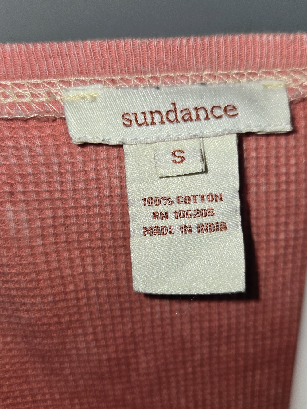 Sundance Coral & Beige Henley Raglan Waffle Embroidered Long Sleeve Top Size S - Picture 4 of 8